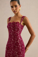 Zarisse | Burgundy Lace Square-Neck Maxi Dress
