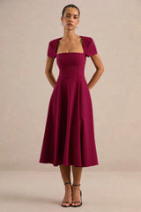 Donia | Burgundy Square-Neck Midi Skater Dress