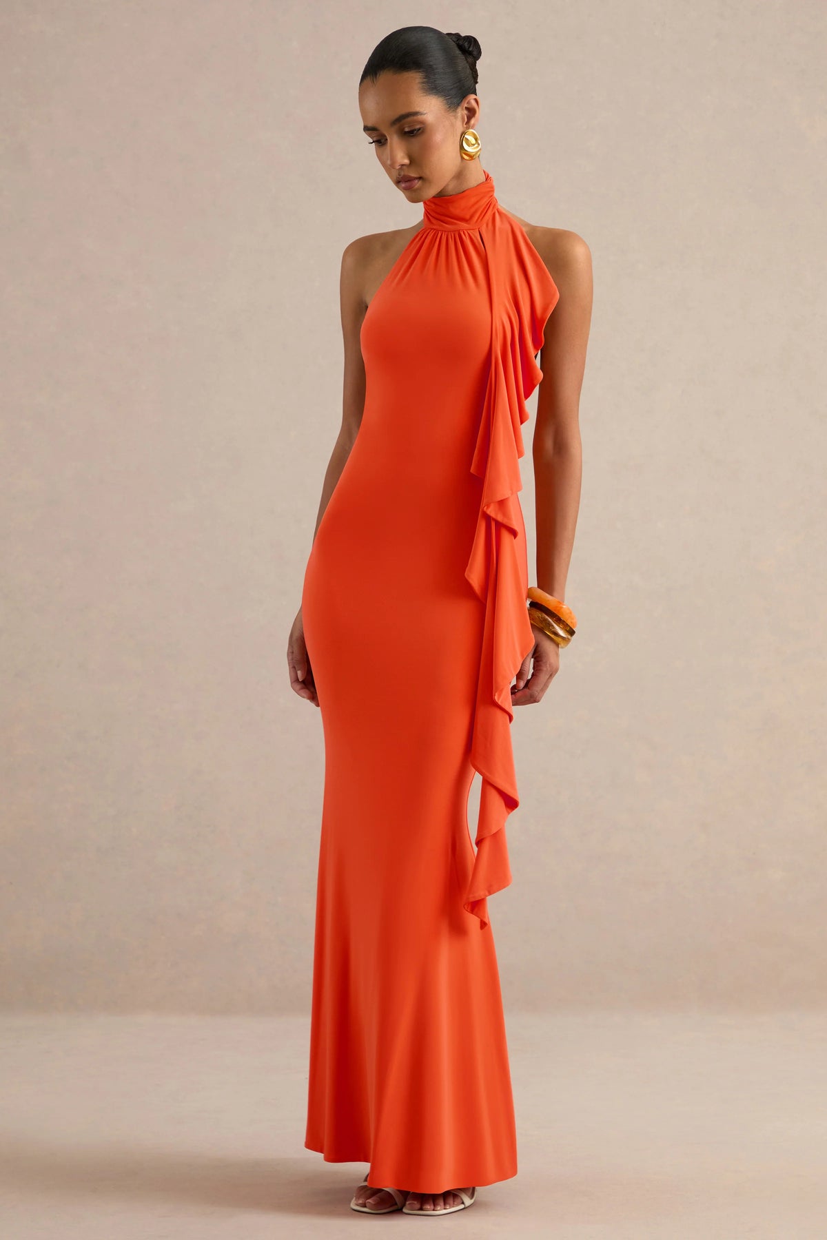 Namira | Orange High-Neck Maxi Dress With Ruffled Detailing
