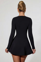 Bow-Detail Plunge-Neck A-Line Mini Dress In Black