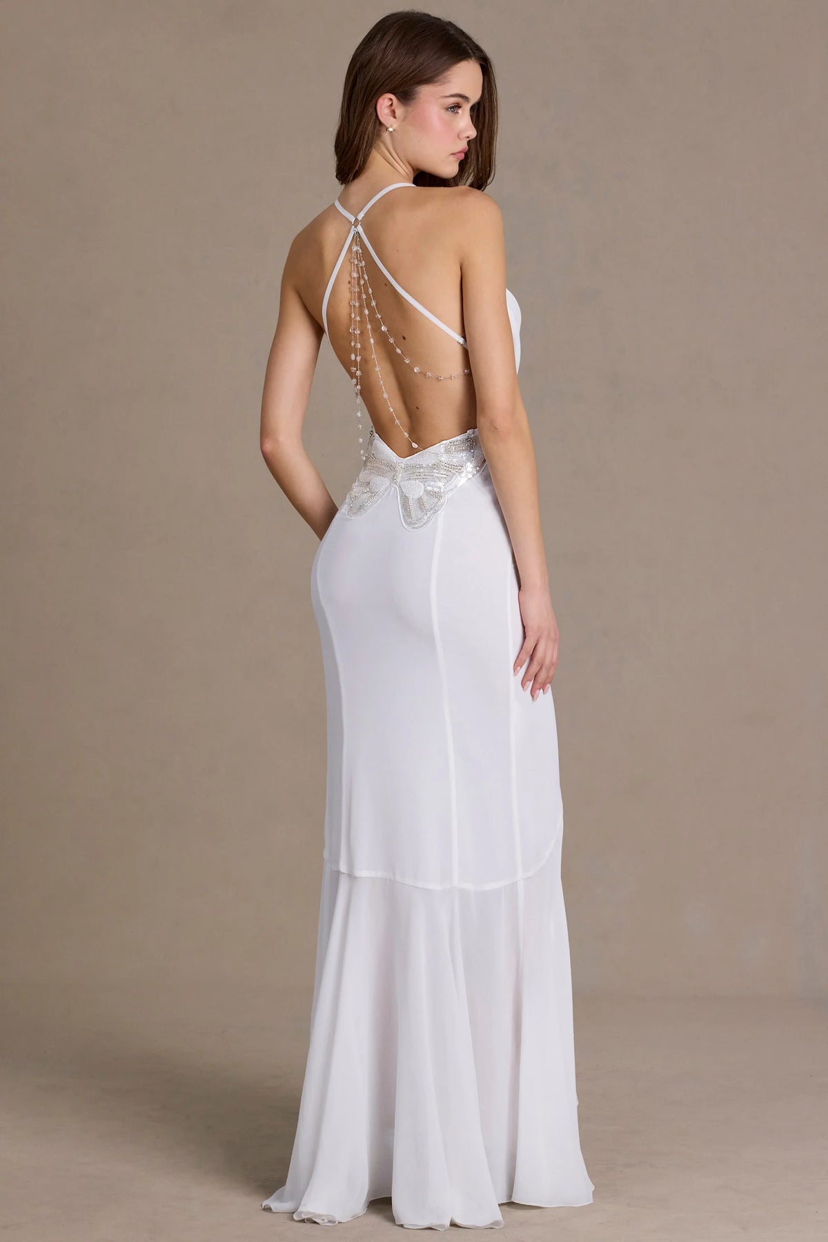 Chiffon Cowl-Neck Open-Back Gown In Snow