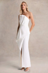 Dreamy Whispers | Cream Strapless Ruffle Split Maxi Dress