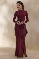 Starred | Burgundy Crew-Neck Maxi Dress With Drop-Waist And Satin Wrap-Skirt