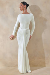 Liatris | White Wide-Neck Maxi-Dress With Gathered-Detailing