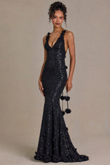 Embellished Plunge Open-Back Gown In Black