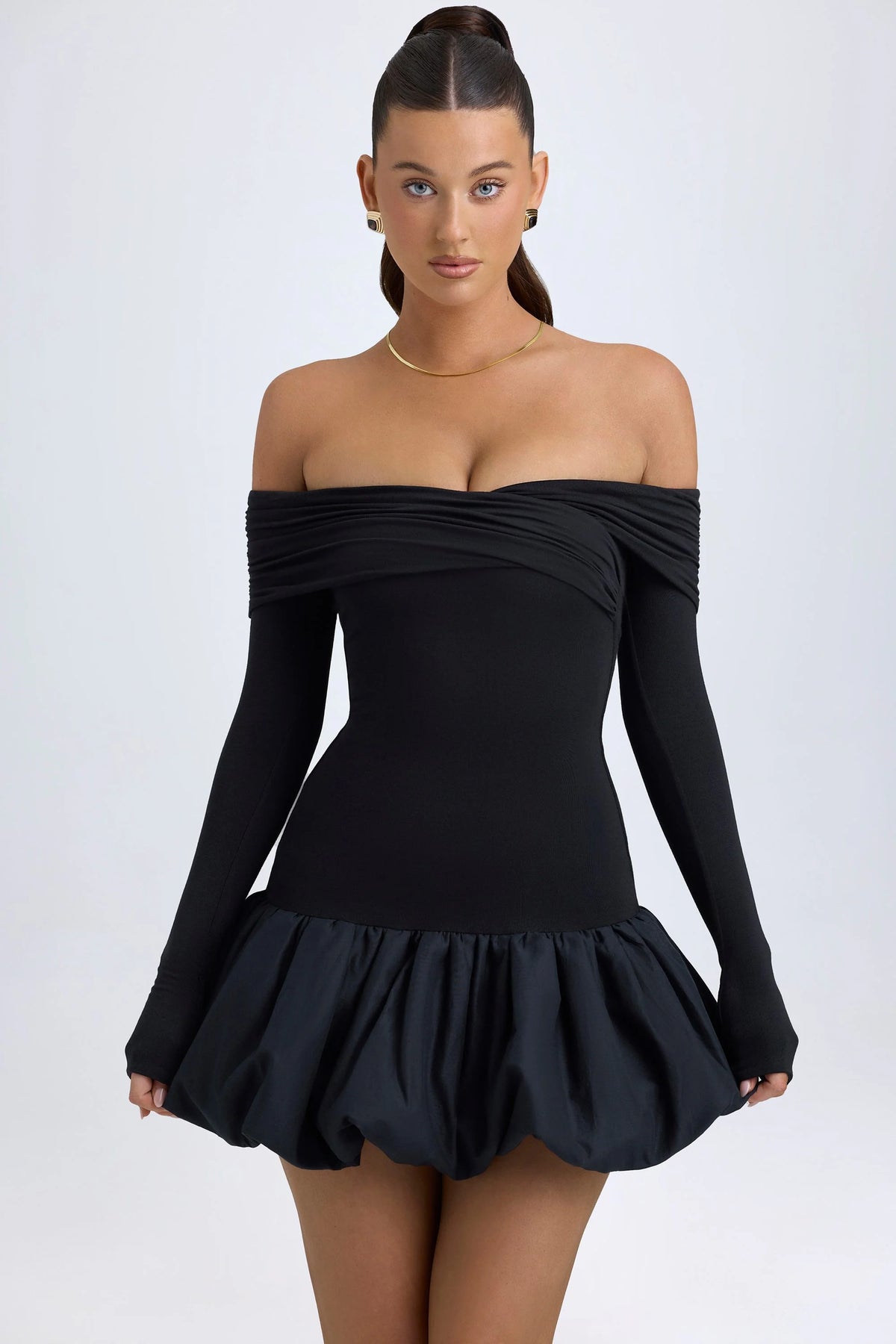 Modal Off-Shoulder Bubble Hem Mini Dress In Black