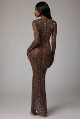 Sheer Embellished Long Sleeve Evening Gown In Deep Cocoa