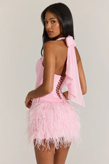 Satin Corset Feathered Mini Dress In Blossom Pink