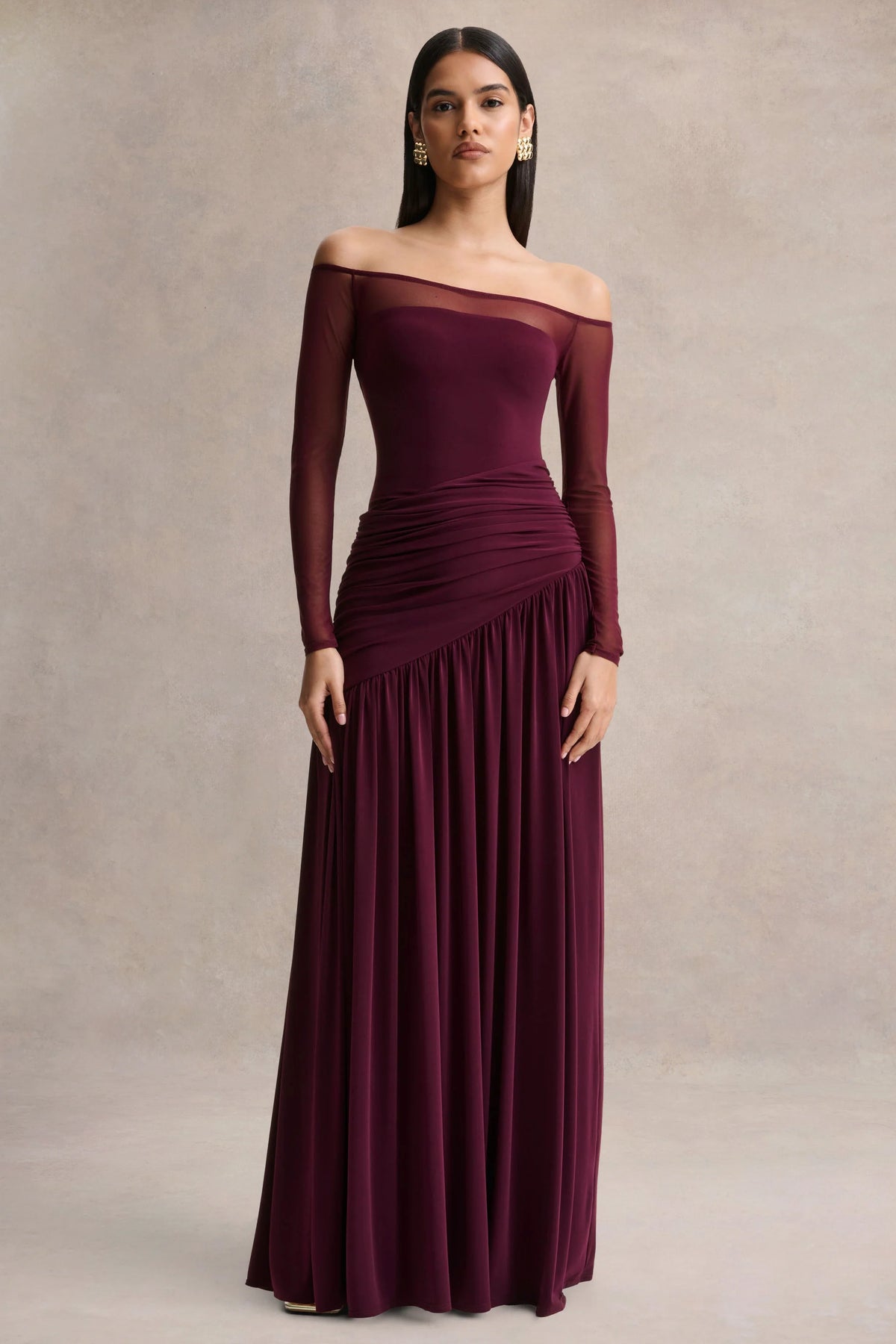 Luminary | Dark Plum Bardot-Neck Maxi Dress With Mesh Sleeves