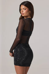 Sheer Embellished High-Neck Long Sleeve Mini Dress In Black