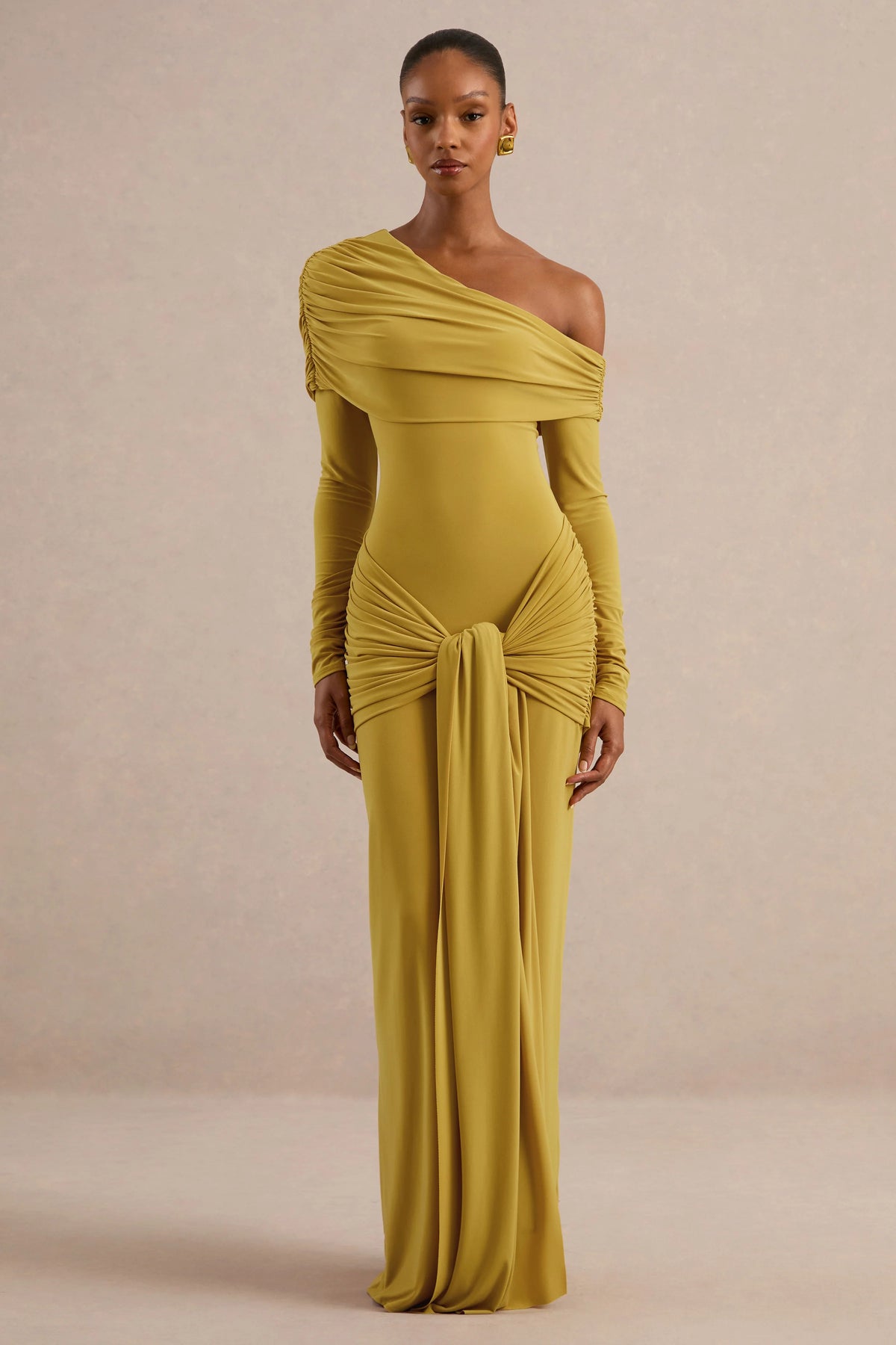 Avonlea | Mustard Asymmetric-Neck Maxi Dress With Gathered Detailing