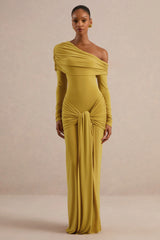 Avonlea | Mustard Asymmetric-Neck Maxi Dress With Gathered Detailing