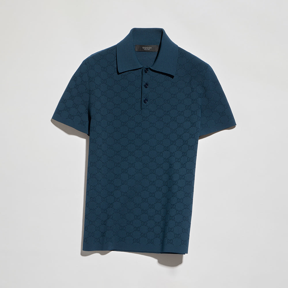 GUCCI Technical GG Jacquard Fabric Polo Shirt in Dark Blue #387378
