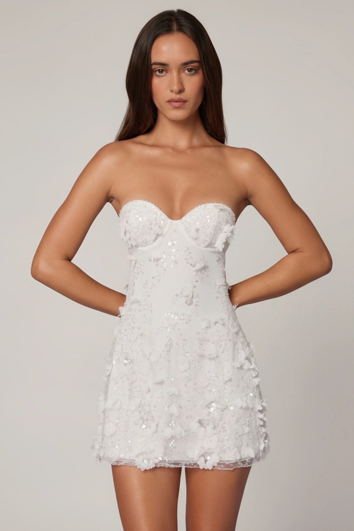 Embellished Bandeau A-Line Mini Dress In White