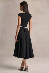 Nataline | Black Round-Neck Midi Dress With White Belt-Detail