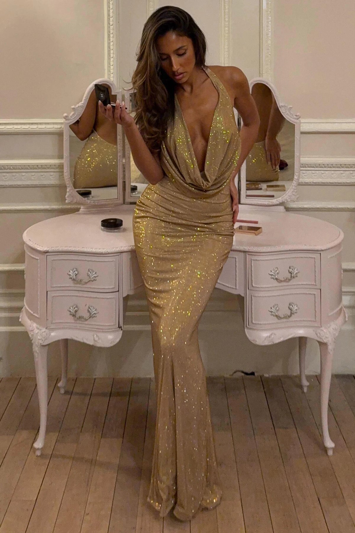 Embellished Cowl-Neck Backless Gown In Gold