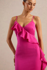 Marcelina | Hot Pink Satin V-Neck Maxi Dress With Ruffled Detailing