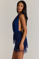 Fringed Skirt Halterneck Mini Dress In Cobalt Blue
