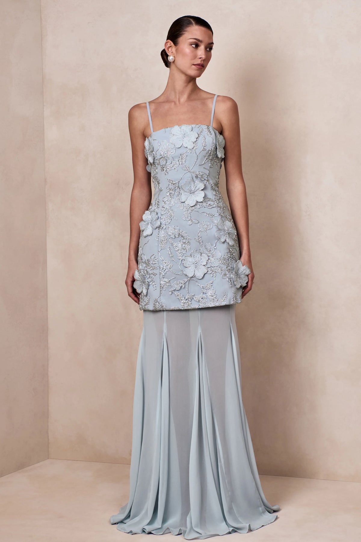 Nessa | Light Blue 3D Floral Square-Neck Maxi Dress With Sheer Skirt