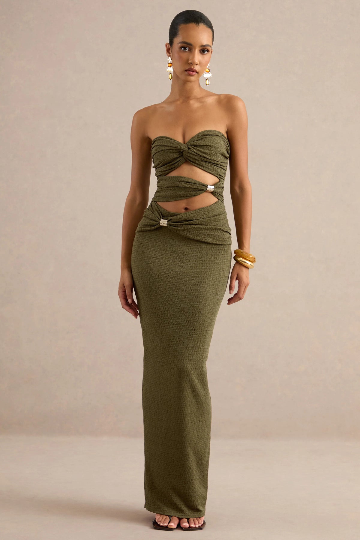 Leontine | Olive Bandeau-Neck Maxi Dress With Body Cut-Outs