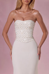 Embellished Corset Strapless Gown In Pearl