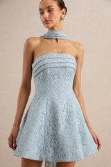 Elvara | Light Blue Lace Bandeau-Neck Mini Dress With Scarf Detail