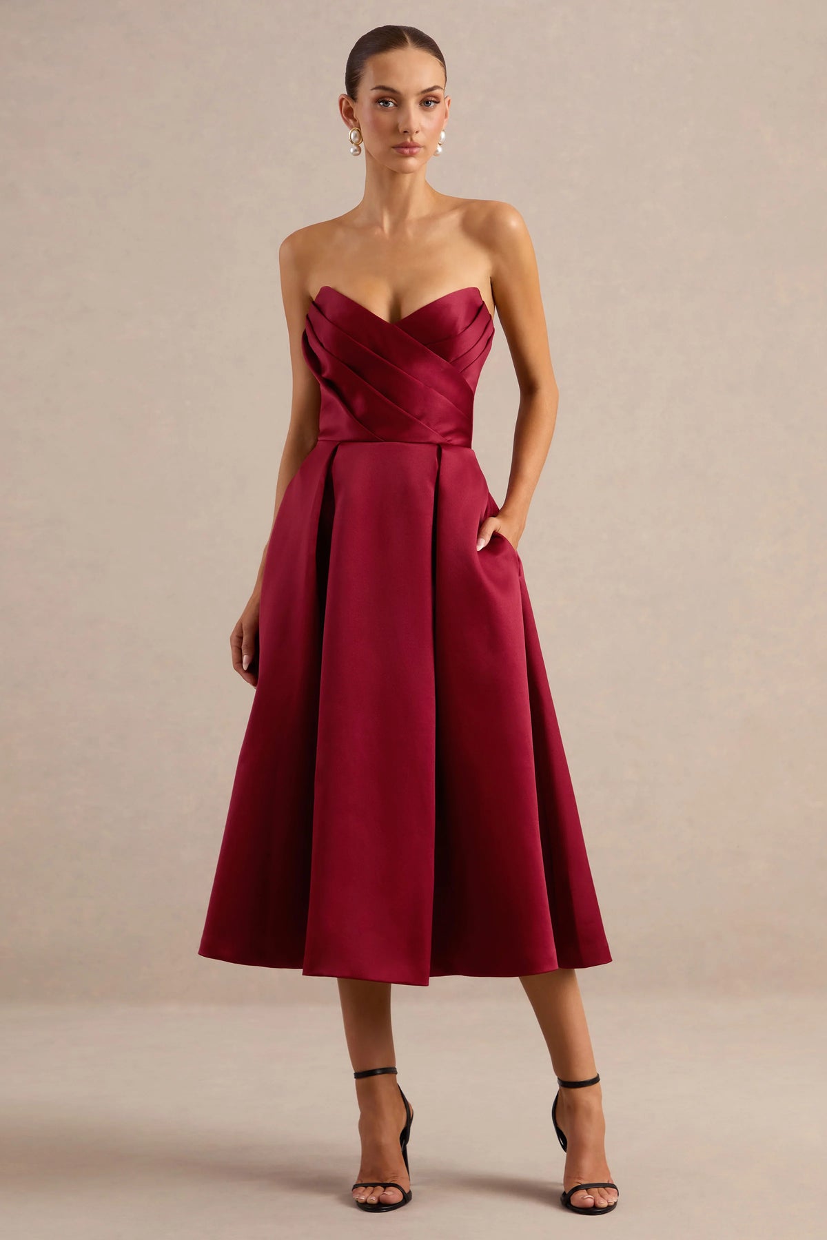Promises | Red Satin Bandeau-Neck Midi Dress