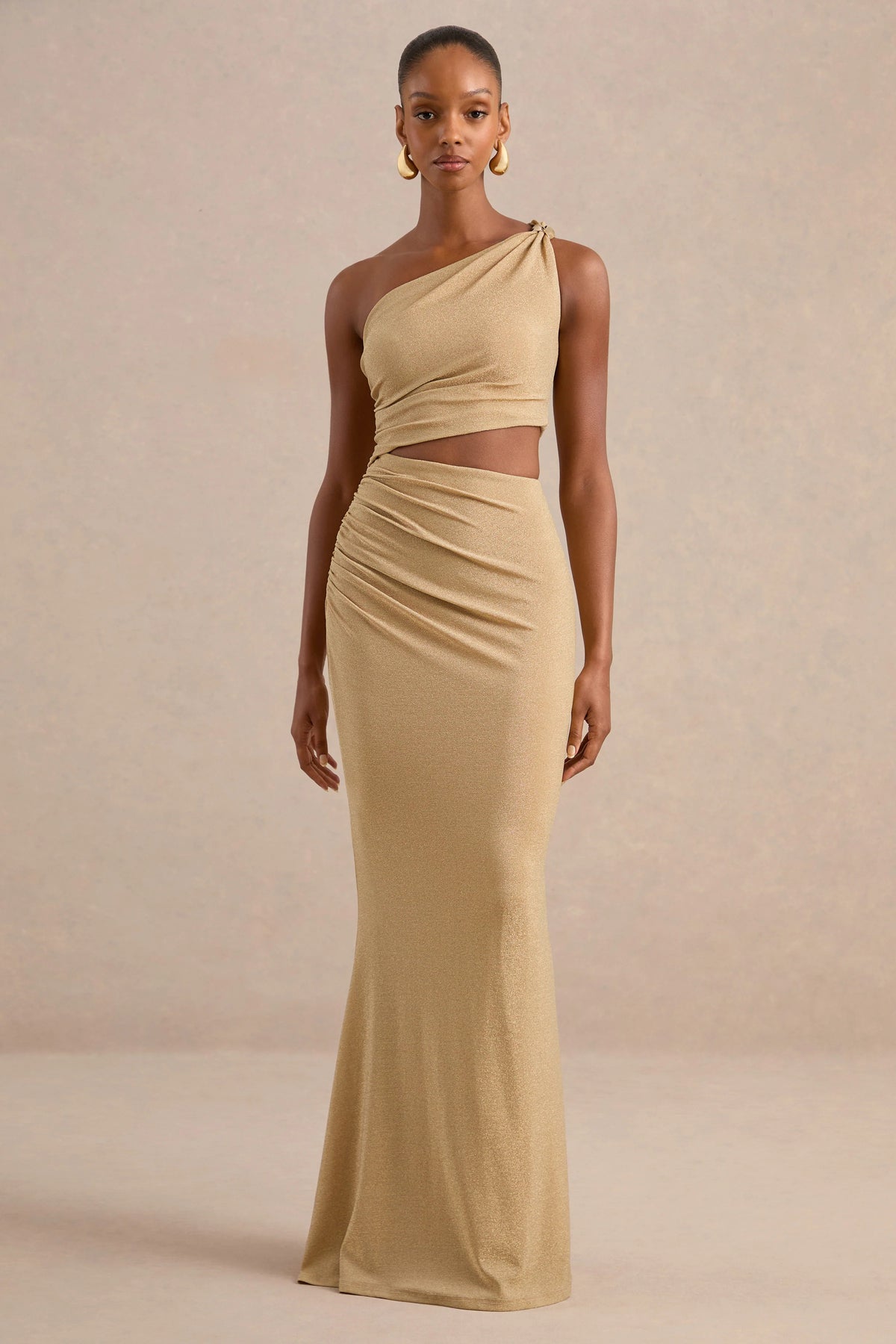 Andela | Gold Metallic Asymmetric-Neck Maxi Dress With Cut-Outs And Gold Detail