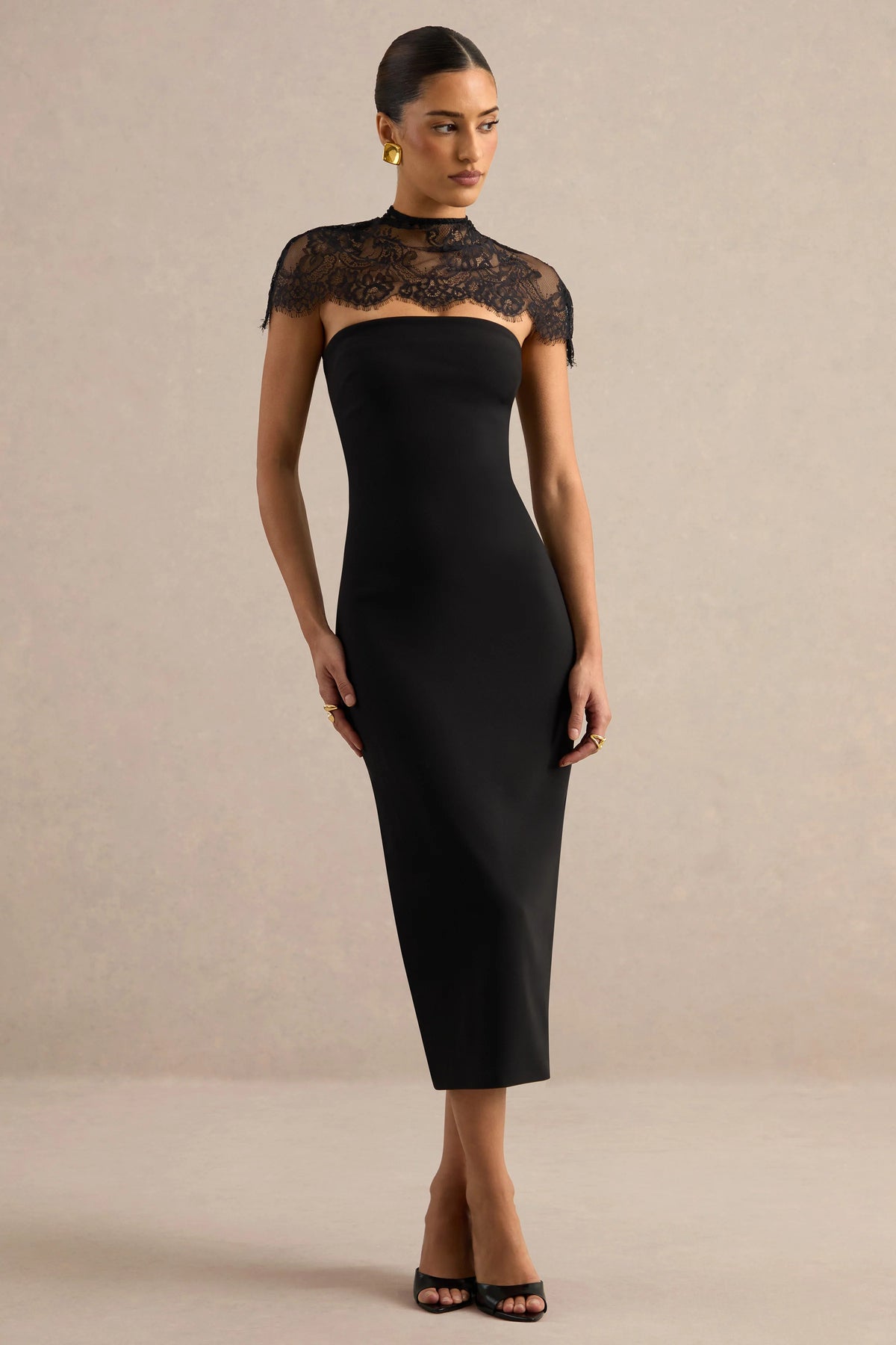 Navoria | Black Lace High-Neck Midi Dress