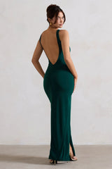 Kate | Bottle Green Square Neck Maxi Dress With Plunge Back And Side Thigh Split
