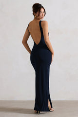 Kate | Navy Square Neck Maxi Dress With Plunge Back And Side Thigh Split