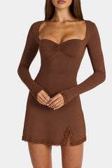 Modal Lace-Trim Long-Sleeve Mini Dress In Cocoa Brown