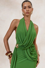 Alisanne | Green Plunge-Neck Maxi Dress With Draped Detailing