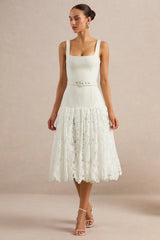 Norrie | White Lace Square-Neck Midi Dress With Voluminous Lace Skirt