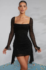 Long Sleeve Embellished Cowl Neck Mini Dress In Black