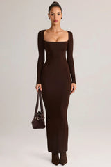 Modal Square-Neck Bodycon Maxi Dress In Chocolate Brown
