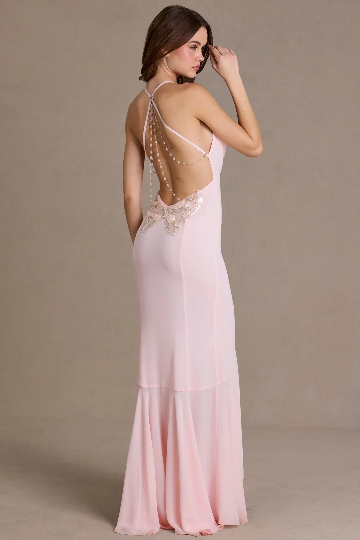 Chiffon Cowl-Neck Open-Back Gown In Baby Pink