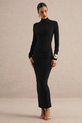 Erienne | Black High-Neck Maxi Dress With Ruched Detailing