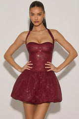 Embellished Halterneck Bubble Hem Mini Dress In Wine Red