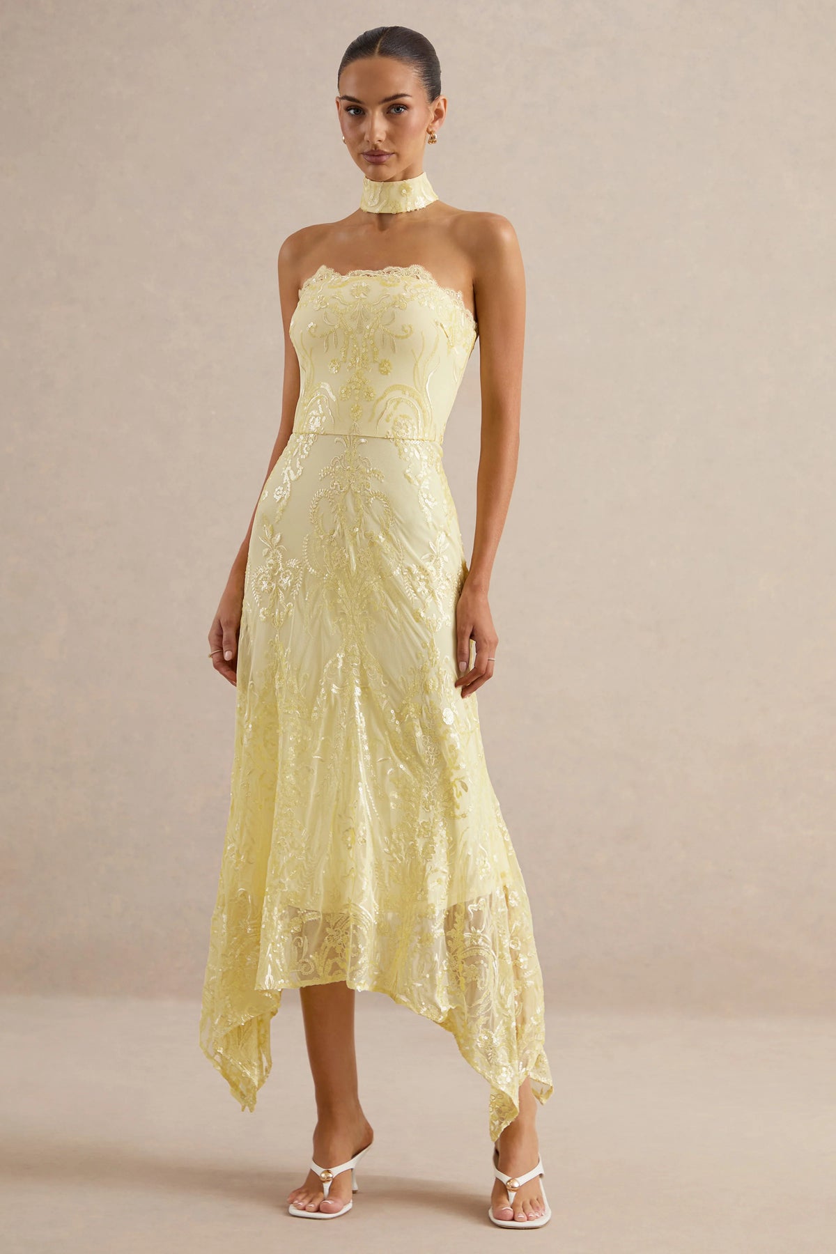 Galathea | Yellow Lace Bandeau-Neck Midi Dress With Collar Detail