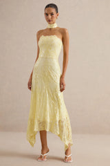 Galathea | Yellow Lace Bandeau-Neck Midi Dress With Collar Detail