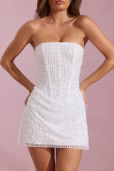Embellished Draped Strapless A-Line Mini Dress In White