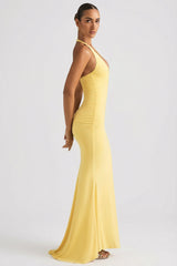 Ruched Backless Halterneck Gown In Pastel Yellow
