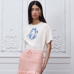 DIOR Dioriviera Oversized T-Shirt White Cotton Jersey with Blue Toile de Jouy Floral Garden Motif #387298