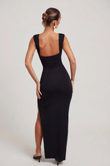 High Split Plunge Neck Maxi Dress In Black
