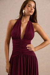 Bettina | Burgundy Plunge-Neck Maxi Dress With Gathered-Detailing