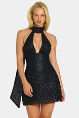 Embellished Scarf-Detail Halterneck Mini Dress In Black
