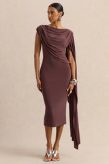 Kamoria | Brown Round-Neck Midi Dress With Cape-Sleeve