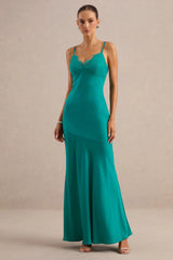 Kyralie | Green Satin V-Neck Maxi Dress With Lace Trim