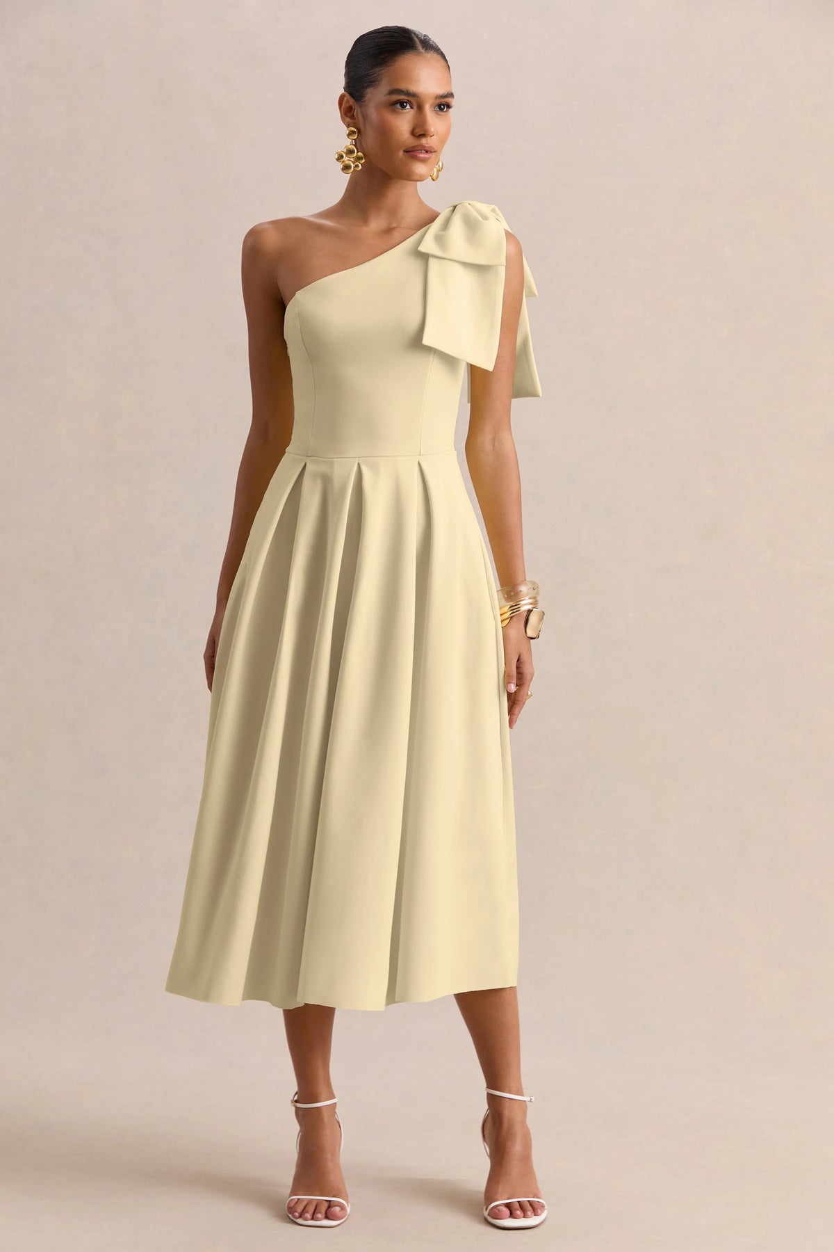 Meria | Lemon Asymmetric-Neck Midi Dress With Bow-Sleeve